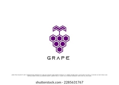 Grape wine hexagon logo design illustration. Purple hexagon wine vine grape berry alcohol fruit drink simple minimalist design. Creative idea modern fruit business icon design. Modern grape logo.