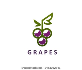 Grape wine icon, featuring linear purple berries, forming a cluster or bunch of grapes plant with a green leaf. Isolated vector linear label or emblem for refined winemaking, beverage package design