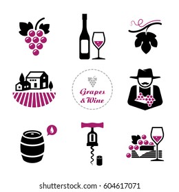 grape and wine icon set. isolate symbol on white background