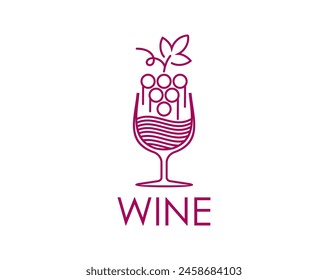 Grape wine icon of wineglass for winery and winemaking, vector symbol. Wine glass with grape vine icon for vineyard or bottle product label of alcohol drink and wine beverage company sign