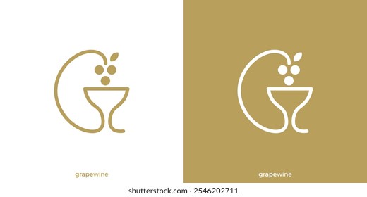 Logotipo do vinho de uva. Vidro e uva com estilo de contorno linear. Logotipo de vinho de luxo, Ícone, Símbolo, Vetor, Inspiração de design.