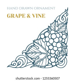 Grape and wine ornament.  Hand drawn grape and vine engraving style illustration. 
Bunch of grapes sketch drawing.