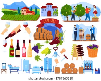 Grape wine product process in factory vector illustration set. Cartoon flat winemaking production collection with people harvesting in farm vineyard, winemaker machine in winery isolated on white