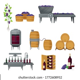 Grape Wine Production with Alcoholic Fermentation and Pouring in Bottles Process Vector Set