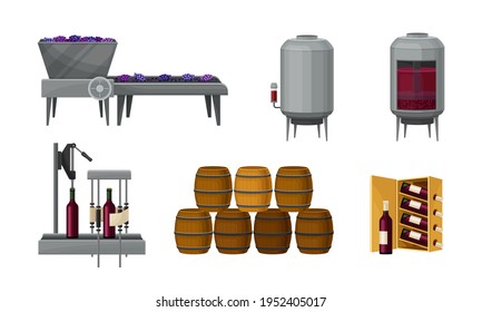 Grape Wine Production with Alcoholic Fermentation and Pouring in Bottles Process Vector Set