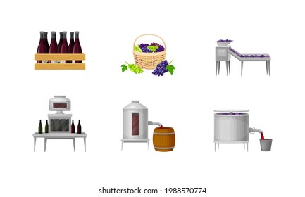 Grape Wine Production with Alcoholic Fermentation and Pouring in Bottles Process Vector Set