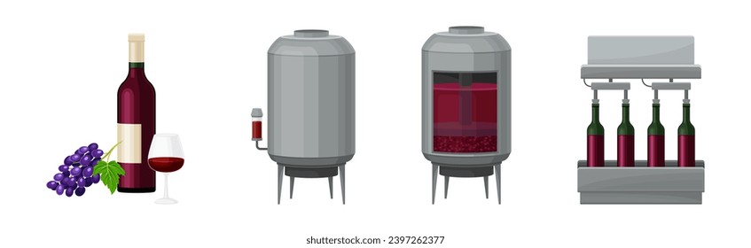 Grape Wine Production with Alcoholic Fermentation Process Vector Set