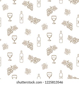 Grape and wine vector seamless pattern icons in linear style for winery label design. Gold bunch of grapes wine packaging outline style.
