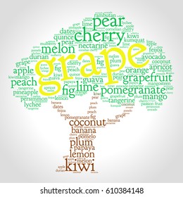Grape. Word cloud in shape of tree, grey gradient background. Fruit.