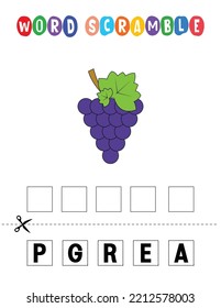 Grape Word Scramble . Educational Game For Kids. English Language Spelling Worksheet For Preschool Children