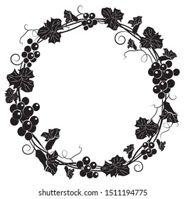 Grape wreath. Round black frame bunches of grapes. Vector illustration.