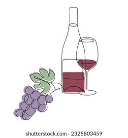 Grape,bottle and glass drawn in one continuous line in color. One line drawing, minimalism. Vector illustration.