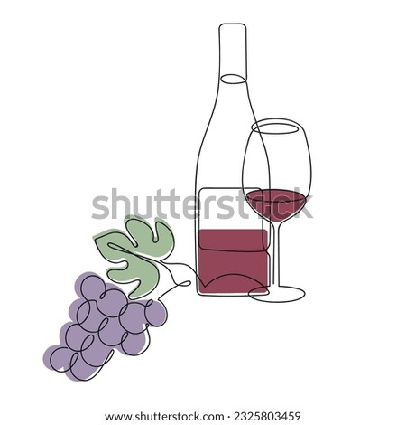 Grape,bottle and glass drawn in one continuous line in color. One line drawing, minimalism. Vector illustration.