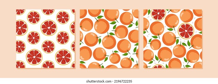 Grapefruit background collection. Citrus lemonade seamless pattern. Three pattern set. Seamless pattern with grapefruits on white background for textile, wrapping paper, wallpaper, cover design, card