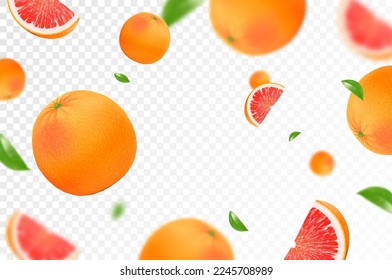 Grapefruit background. Flying grapefruit with green leaf on transparent background. Citrus falling from different angles. Focused and blurry objects. Realistic 3d vector illustration