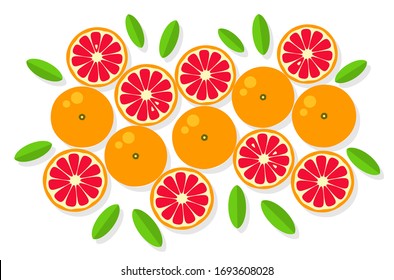 Grapefruit background. Orange tangerine grapefruit lemon lime on a white background. Vector illustration of summer fruits and citrus. Citrus icons silhouettes. Cute painted grapefruits. Tropical fruit