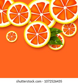 Grapefruit background. Sliced grapefruits pieces with leaves and water drop. Vector illustration.