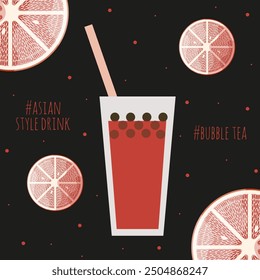 Grapefruit Bubble Tea poster cover design template. Glass of trendy Asian Bubble Tea with orange slices. Vector illustration for social media. EPS 10