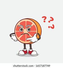 Grapefruit cartoon mascot character in a confused gesture
