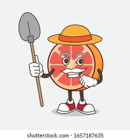 Grapefruit-Cartoon-Maskottchen mit Hut- und Bauernwerkzeugen