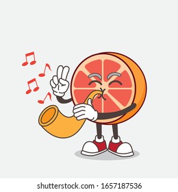 Grapefruit cartoon mascot character playing music with trumpet
