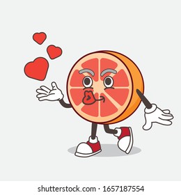 Grapefruit cartoon mascot character teasing with heart kiss