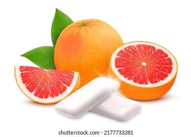 Grapefruit chewing gum. Bubble gum with grapefruit citrus flavor. Chewing pads with fresh ripe grapefruit, oral health product, realistic advertising poster. Isolated 3d vector illustration