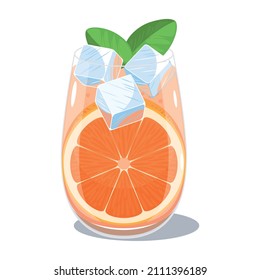 Grapefruit cocktail with ice cubes and mint leaves in a glass. Citrus summer refreshment, juicy cold drink. Vector illustartion, object, simbol, icon isolated