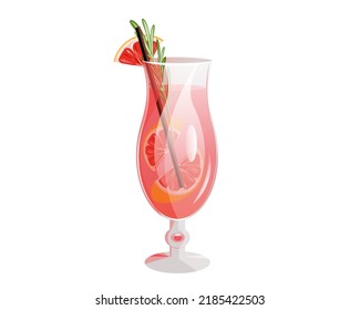 Grapefruit cocktail.Summer refreshing drink in a tall glass with slices of grapefruit, a sprig of rosemary.Vector illustration.