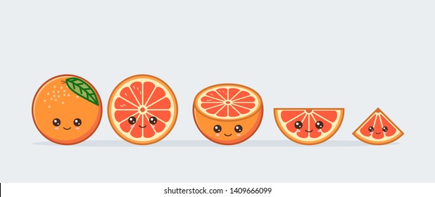 grapefruit cute kawaii mascot. Set of funny kawaii drawn fruit in the cut