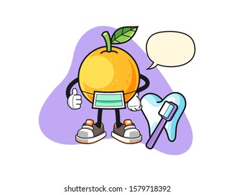 Grapefruit dentist with speech bubble cartoon. Mascot Character vector.