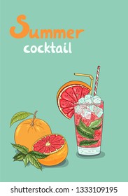 Grapefruit drink vector illustration. summer cocktail juicy grapefruit drink. Ice, grapefruit, peppermint, soda.