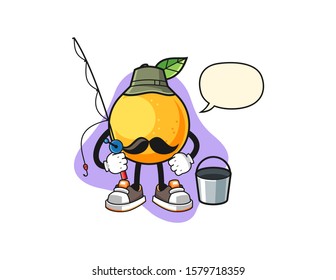 Grapefruit fisherman with speech bubble cartoon. Mascot Character vector.