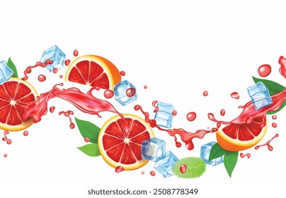 Grapefruit fly on white background isolated. Grapefruit juice splash, ice cubes and fresh fruit realistic illustration