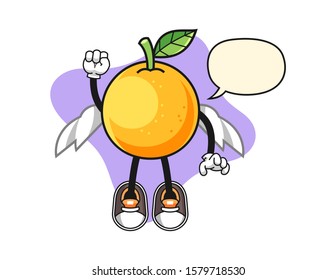 Grapefruit fly with speech bubble cartoon. Mascot Character vector.