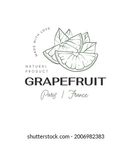 Grapefruit food logo template. Hand drawn illustrations for for restaurant, bar, vegan, healthy and organic food, market, farmers market, cooking school, food truck, delivery service.