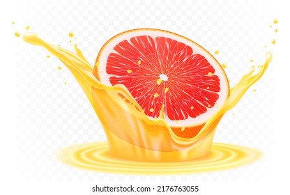 Grapefruit. Fresh ripe grapefruit in a splash of juice. Grapefruit beverage or flavor. Realistic 3d vector illustration isolated on transparent background