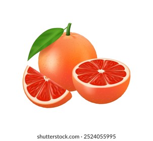 Rebanada de toronja fresca, mitad y Ilustración vectorial realista de fruta entera. Corte la rodaja de toronja para el jugo o el logotipo de vitamina C. Icono de cítricos aislado sobre fondo blanco. Comida saludable de verano