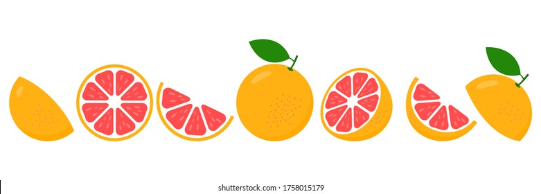 Grapefruit fresh slices set. Cut Grapefruits slice for juice or vitamin c logo. Citrus icons vector illustration isolated on white background.