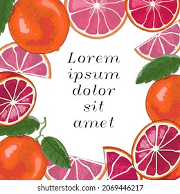 Grapefruit fruit, banner design template. Hand drawn illustration of citrus in cartoon style. There is a place for your text. Stock vector illustration.