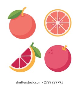Grapefruit fruit flat design set includes whole fruits sliced halves and wedges ideal for healthy food concepts