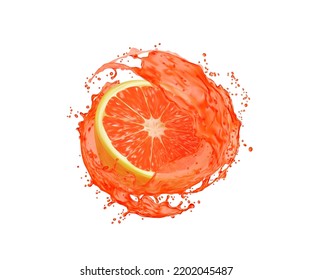 Grapefruit fruit slice with juice splash. Tropical fruit juicy beverage realistic vector spill or flow, fresh juice whirl or twirl with splatters. Isolated vitamin grapefruit drink splash ripples