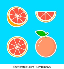 Grapefruit Colección de iconos de pegatinas, conjunto vectorial colorido, corte de pomelo.