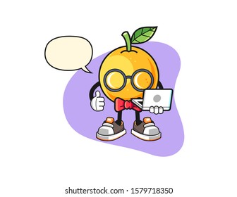 Grapefruit geek with speech bubble cartoon. Mascot Character vector.