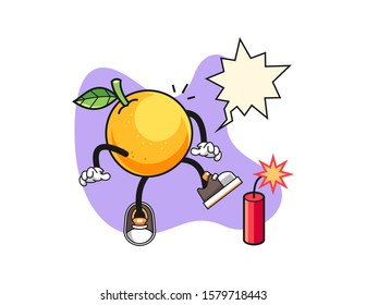 Grapefruit get surprise firecrackers with speech bubble cartoon. Mascot Character vector.