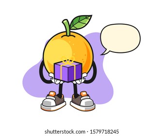 Grapefruit give a gift with speech bubble cartoon. Mascot Character vector.