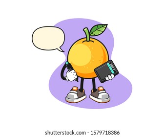 Grapefruit graphic designer with speech bubble cartoon. Mascot Character vector.