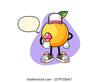 Grapefruit hold ice cream with speech bubble cartoon. Mascot Character vector.