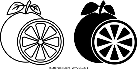 Iconos de pomelo. Iconos de vector blanco y negro. Toronja entera y media. Dulce postre. Alimentos orgánicos y saludables. Concepto de fruta