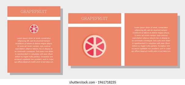 Grapefruit. Banner informativo o etiqueta en dos diseños. Descripción y propiedades útiles del pomelo. Plantilla para aceite esencial, especias. Folleto con espacio vacío para texto.